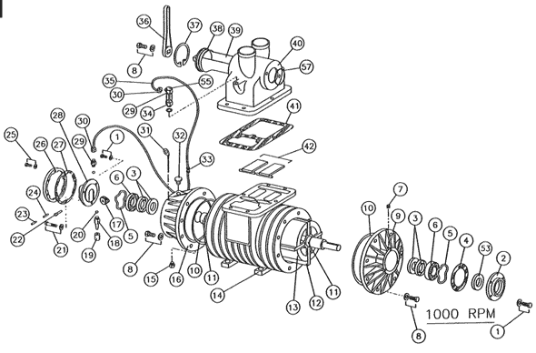 PB-3 Vacuum Pressure Pump 1000 RPM 3 Port Part Breakdown Diagram