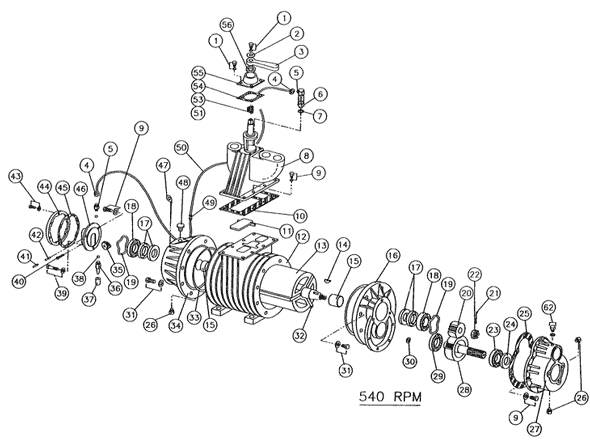 PB-3 Vacuum Pressure Pump 540 RPM 3 Port Part Breakdown Diagram